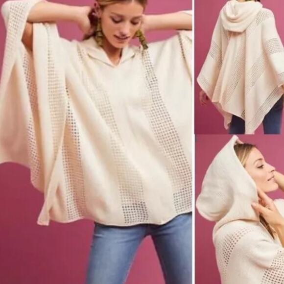 Mudd Hooded Cape Poncho Sweater Cream Open Knit One Size Fits Most - Picture 1 of 9